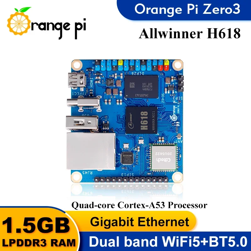 RoRuSOrange Pi Zero 3 1.5GB Ram Development Board Allwinner H618 Chip Wifi-BT5.0 LPDDR4 Mini PC Orange Pi Zero3 Single Board Com