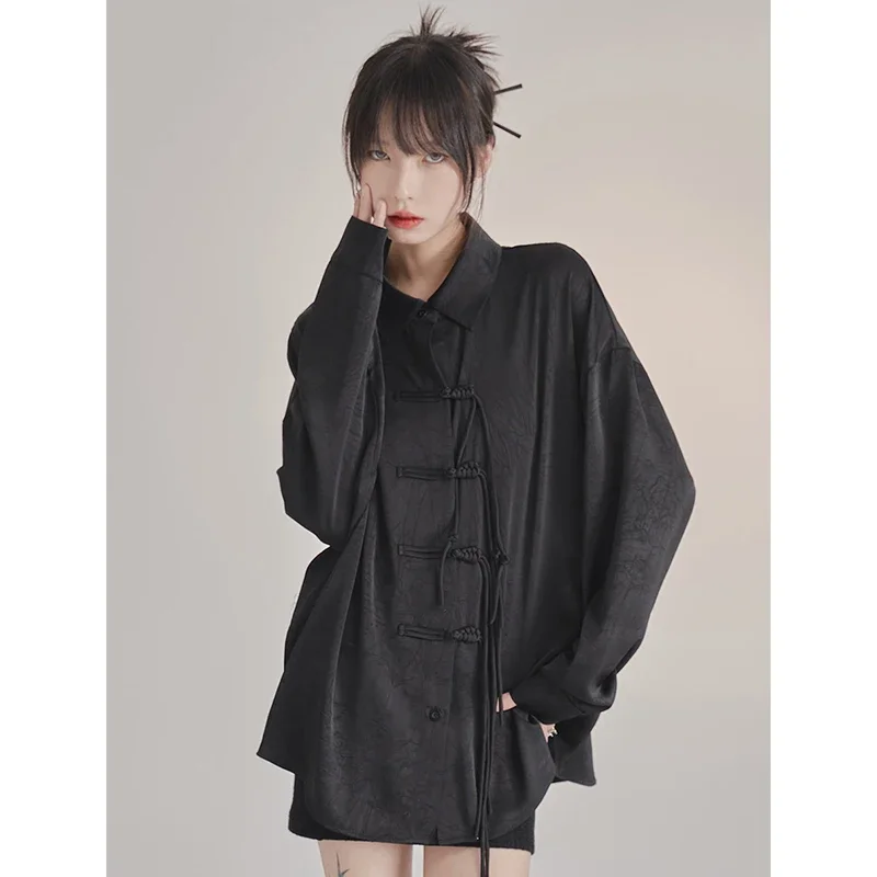 

French Elegance Black Blouses Baggy Lapel Collar Korean Lady Sweet Cross Bandage Exquisite Shirts Single Breasted Streetwear