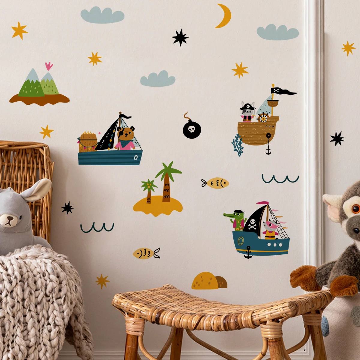 

Cartoon Animals Pirate Ship Stars Wall Sticker Nursery Child Room Boys Room Kids Room Wall Art Decal Bedroom Living Home Decor