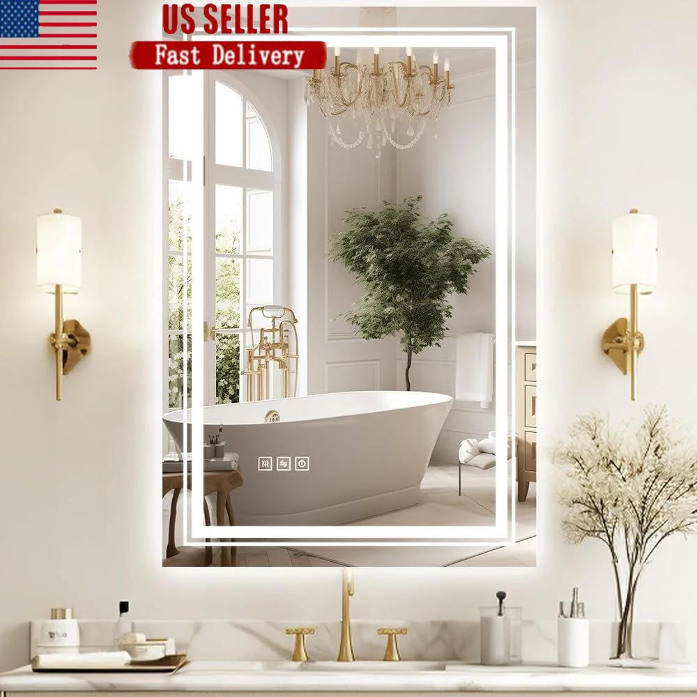 

Светодиодное зеркало для ванной комнаты, противотуманное зеркало с цифровой подсветкой, закаленное стекло, бесступенчатая регулировка яркости, подсветка, сенсорное управление с передней подсветкой, макияж