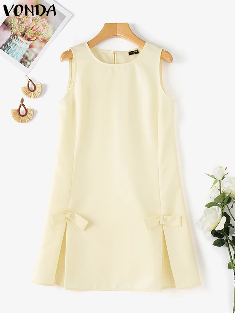 VONDA-vestido sin mangas de verano para mujer, Vestidos de noche elegantes sin mangas, informal, holgado, con lazo, Color sólido, de gran tamaño, 2025