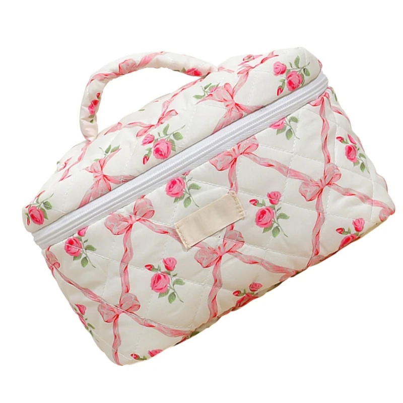 Travel Makeup Bag for Women Girls Large Capacity Bows Cosmetic Bag Flower Cosmetic Bag Quilted Toiletry Bag