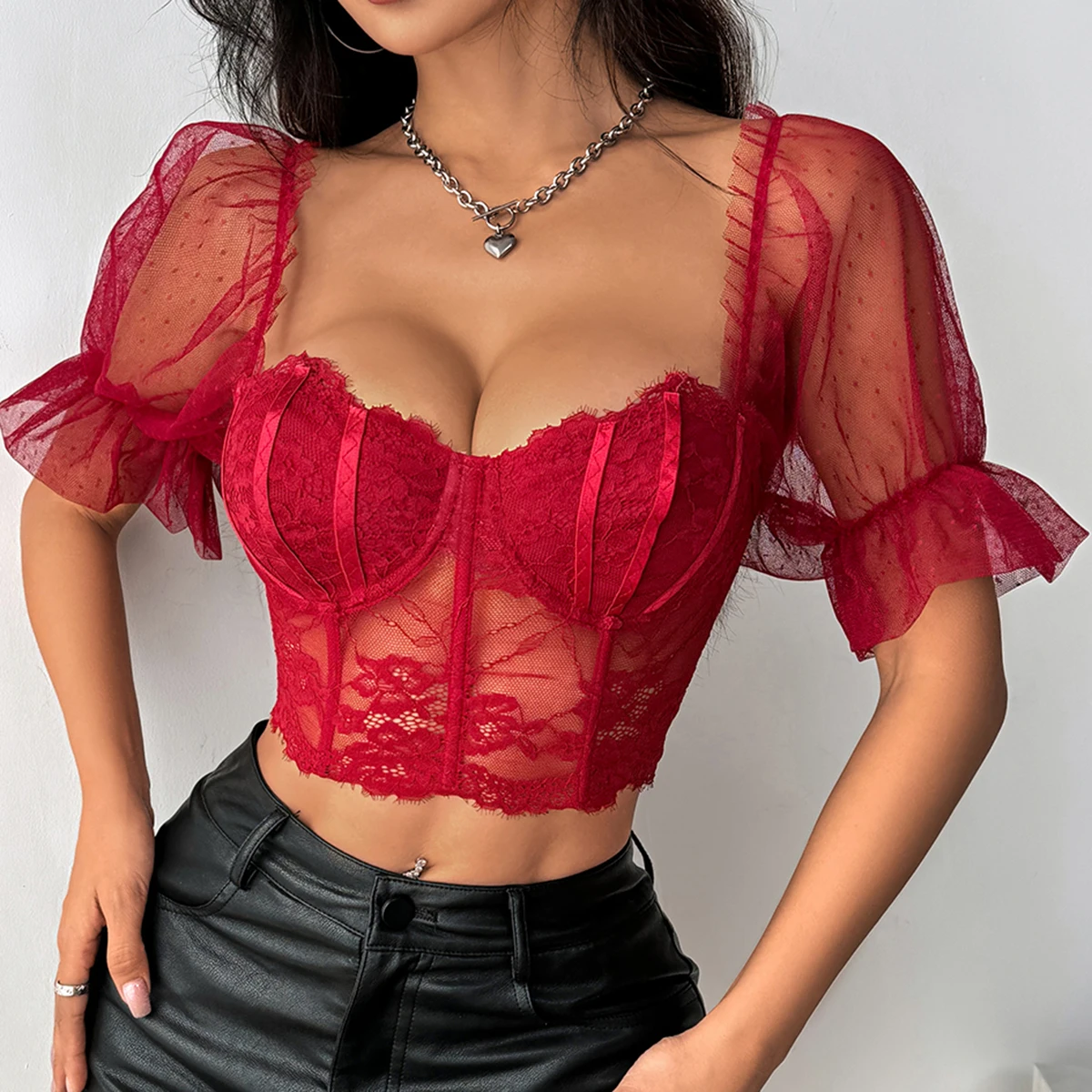 Vemina Korean Fashion Bare Shoulder Sexy Vneck Slim Crop Top,Mesh Sheer Puff sleeve Lace Embroidery Hollow Out Backless Blouses