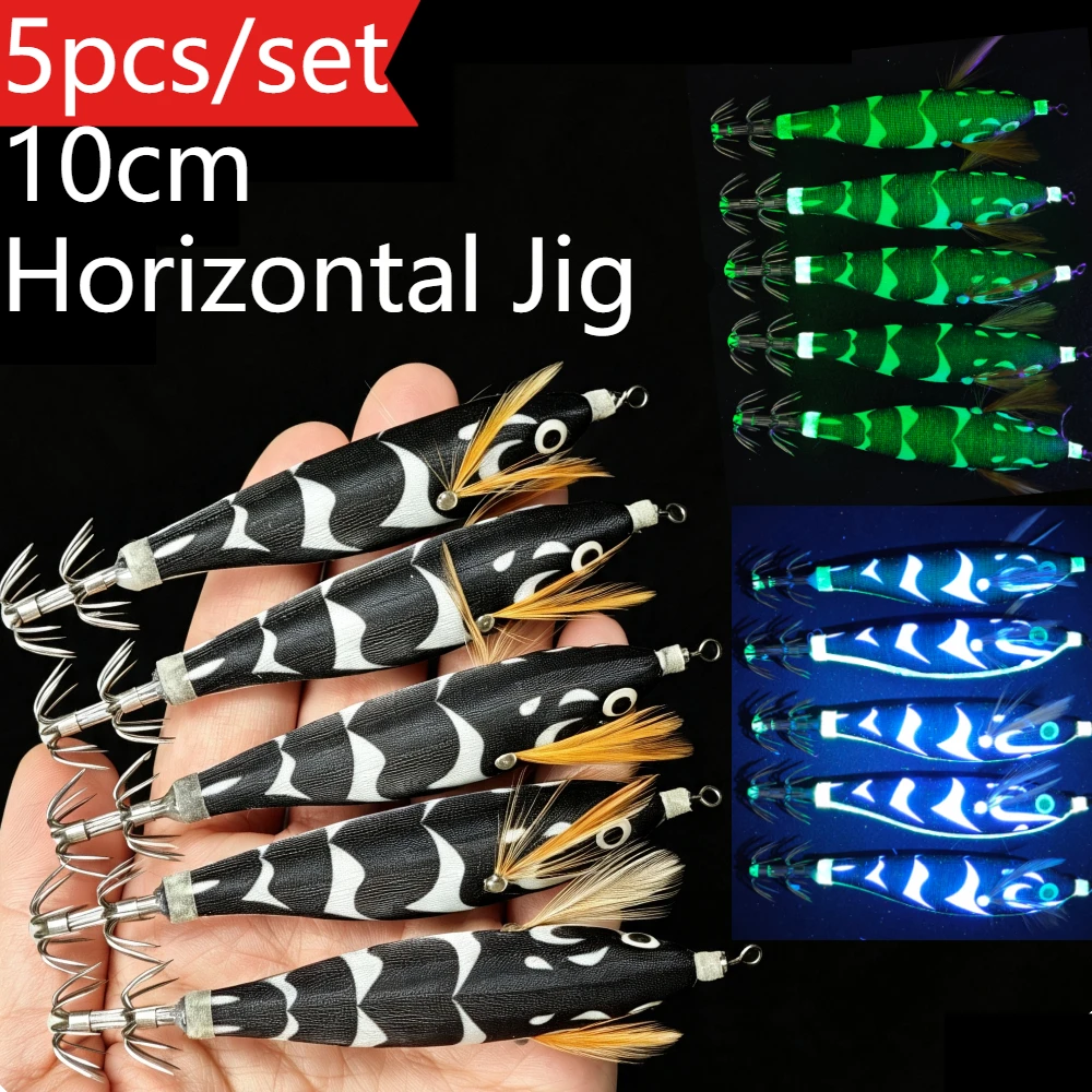 5 Stück/Set Leuchtende Tintenfisch-Jig-Haken, Garnelen-Angelköder, Tintenfisch-Angelzubehör, Holz-Garnelen-Oktopus-Angelköder