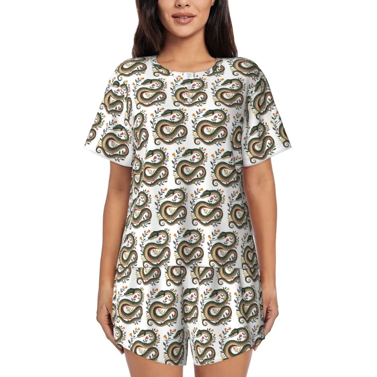 

Botanical Serpent Nature Inspired Round Neck Short Sleeves Nightdress for Sleeping Sleepshirts Women Soft Pajama Set Short Pants