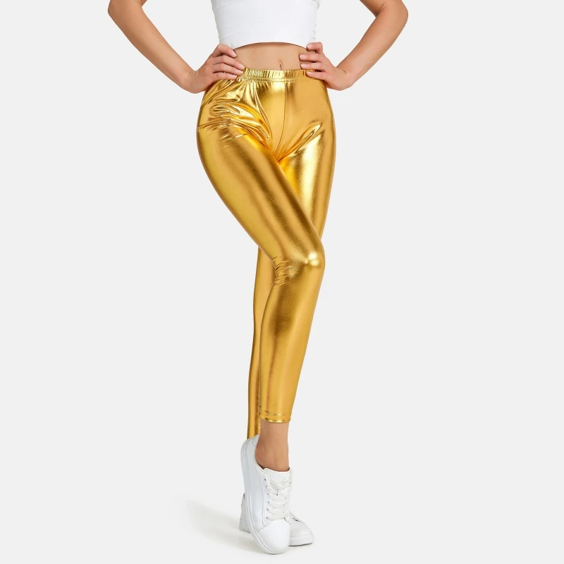 Sexy High Waist Elastic Bronzing Reflective Leggings For Women Solid Color Dance Stage Performance Street Style Party Tights