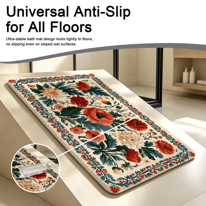 Bath Mat Sponge Red Poppy Floral Door Mat Soft Bathroom Floor Mat for Entryway Kitchen Home