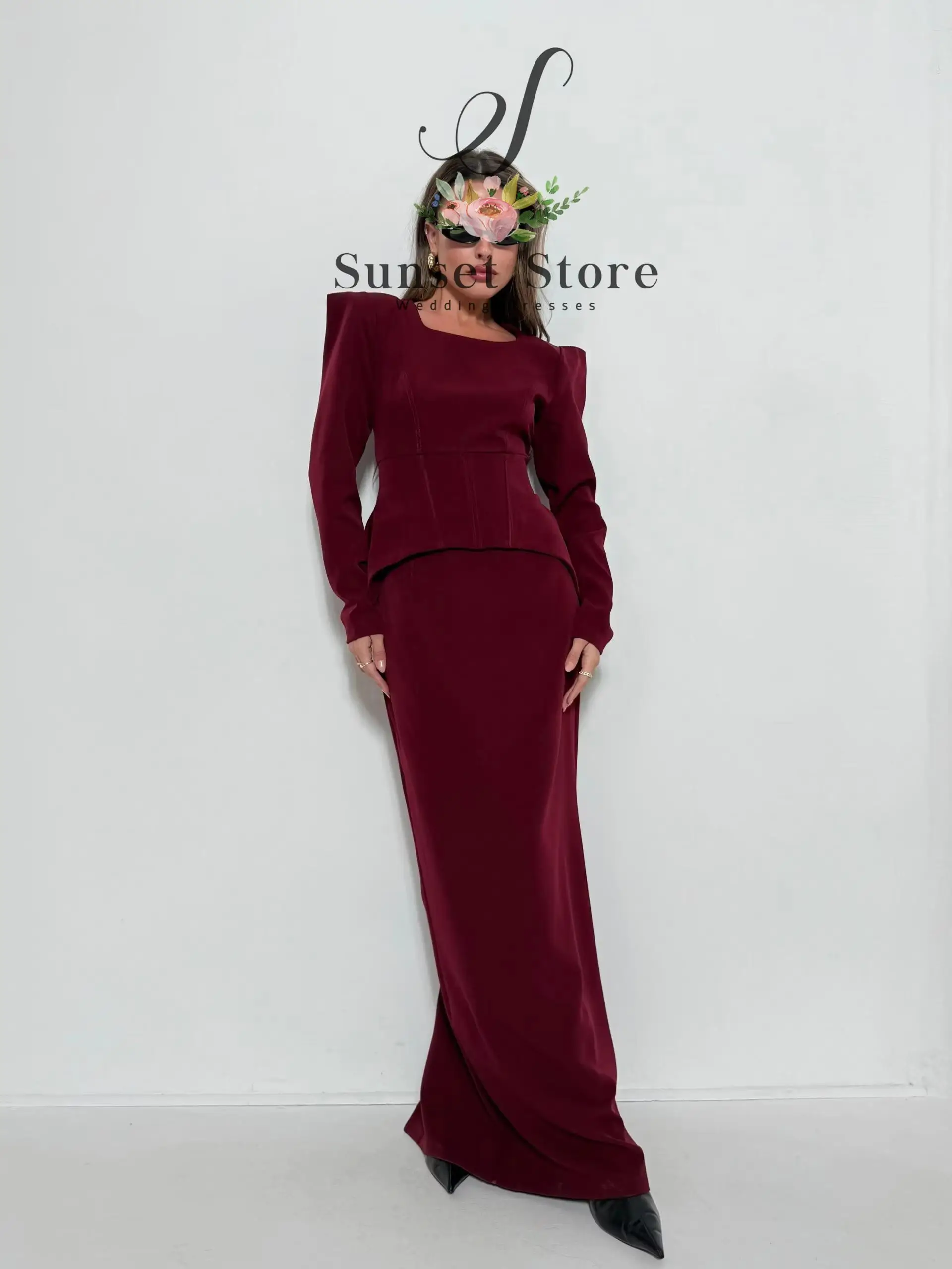 Customized Arabic Modest Burgundy Evening Dress Square Neck Full Sleeve Formal Occasion Dress Velvet Peplum Gown view 2