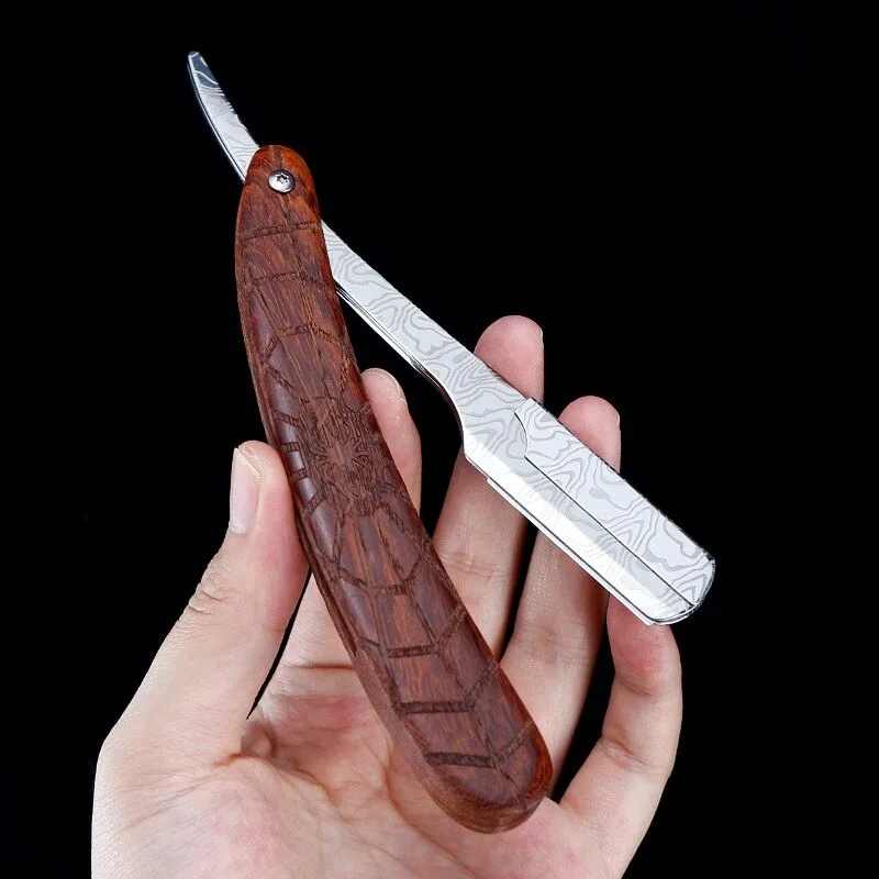 1 Stück Herren Damaszener Klapp-Rasiermesser aus Edelstahl mit Rosenholzgriff für die Gesichtsrasur