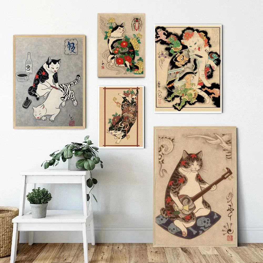 Japanese Samurai Cat Classic Vintage Posters Decoracion Painting Wall Art White Kraft Paper Kawaii Room Decor
