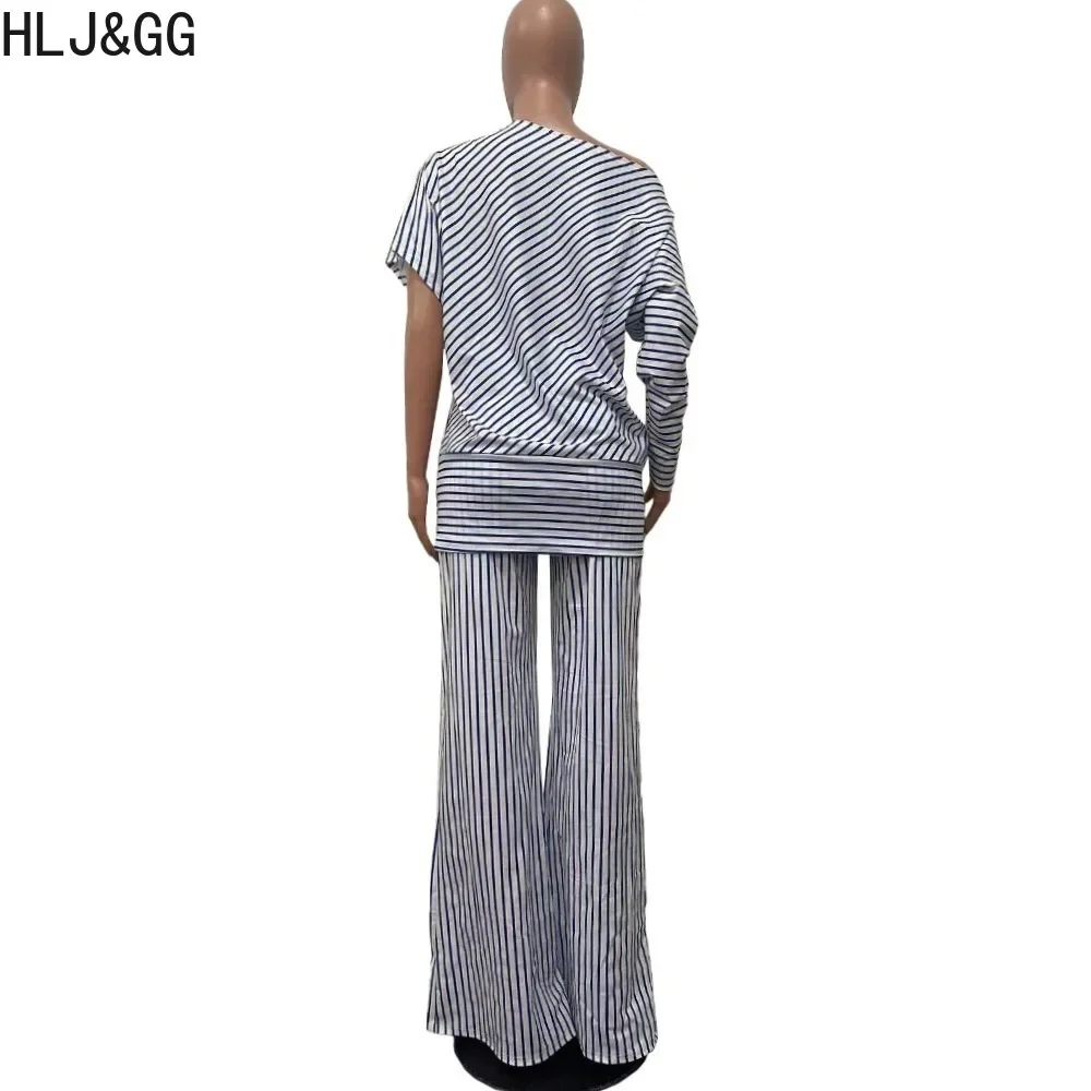 HLJ&GG Elegant Office Lady Stripe Print Two Piece Set Outfits Women One Shoulder Short Sleeve Top And Pants Female 2pcs Clothing