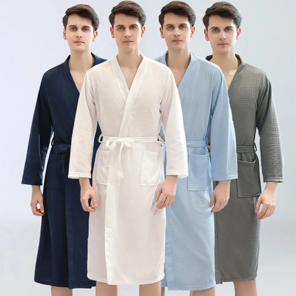 Men Bathrobe Waffle Long Style Solid Color Thin Soft Sleepwear Loose Cardigan Men Fall Nightgown For Home