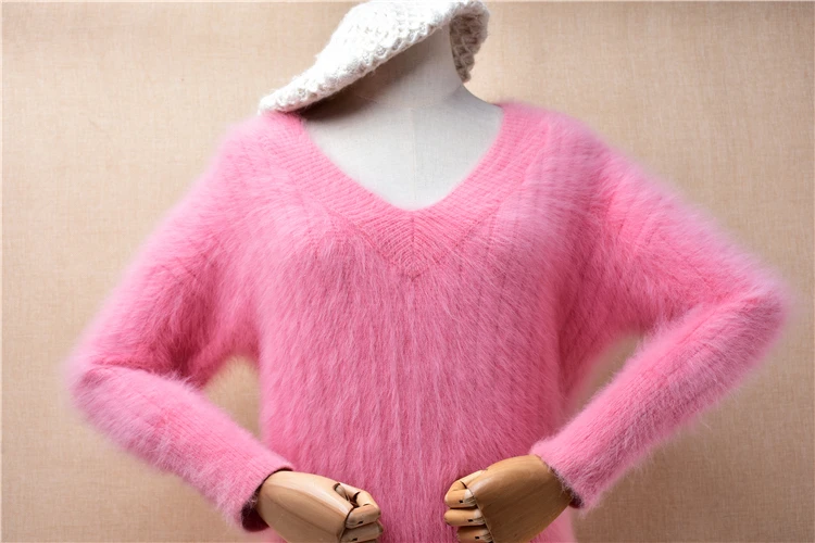 Ladies Women Fall Winter Clothing Pink Striped Hairy Angora Rabbit Hair Knitted V-Neck Slim Blouses Pullover Jumper Sweater Pull