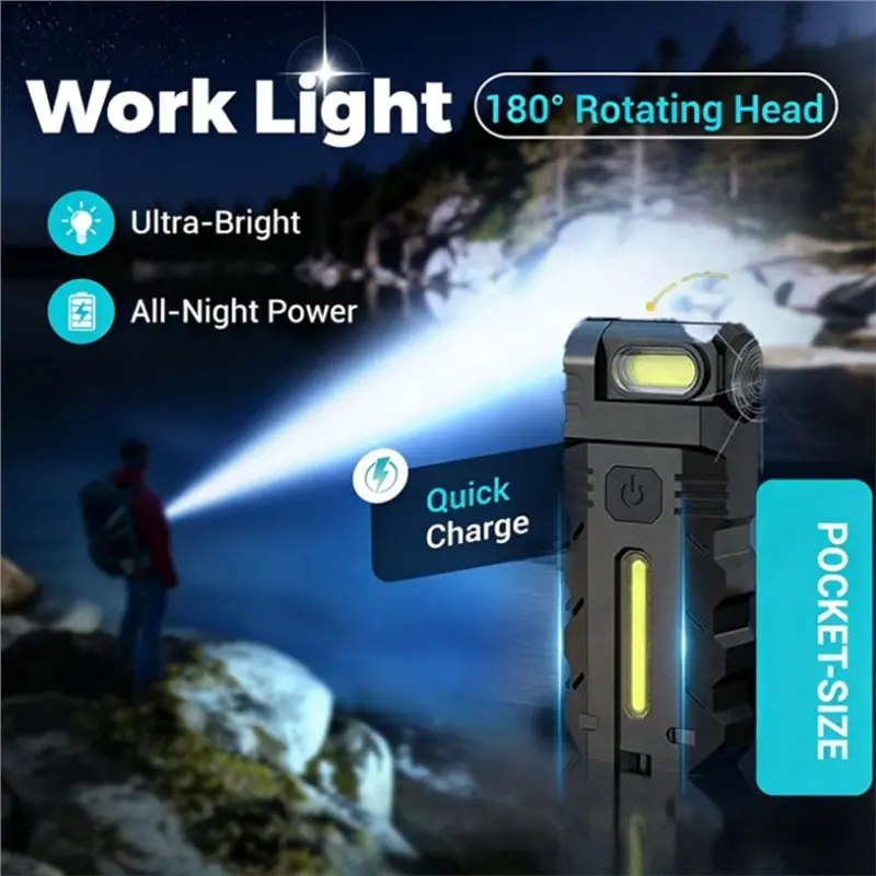 B-T Dual LED Work Light 180° Rotating Head Magnetic Flashlight USB-C Rechargeable Keychain Light
