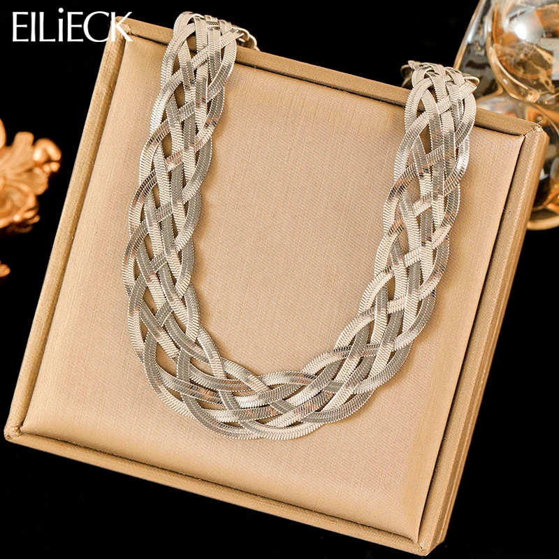 EILIECK 316L Stainless Steel Silver Color Multilayer Braided Necklace For Women Trendy Waterproof Neck Chain Jewelry Gift Collar