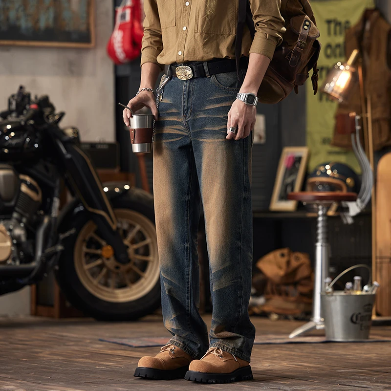 Pantalon de cowboy rétro fait l'ancien pour hommes, adt Straight Street Tide, marque PU, beau drapé naturel, vadrouille décontractée, à la mode, fjsome