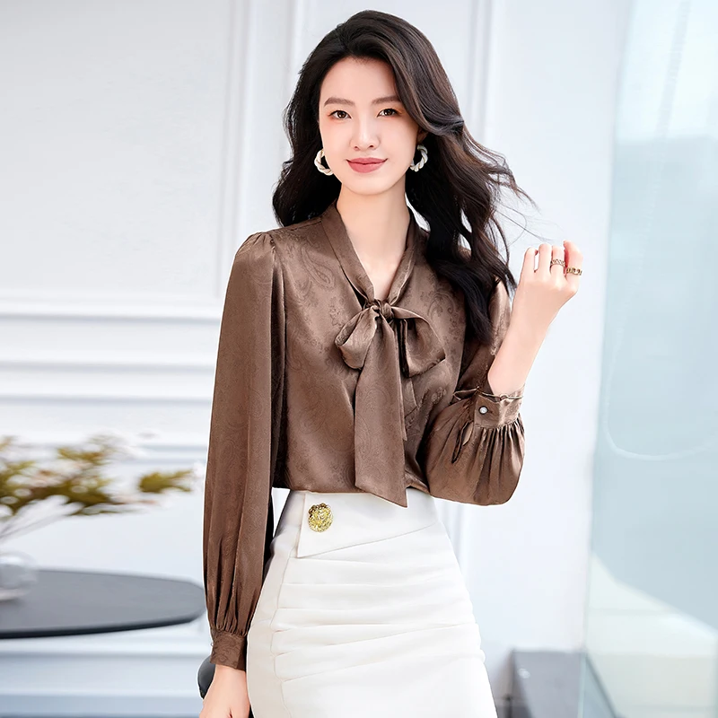 NAVIU Formal V Neck Blouse Women Bow Tie Tops M L Chiffon Figure Basic Business Work Clothes Modern French Retro All Match Shirt