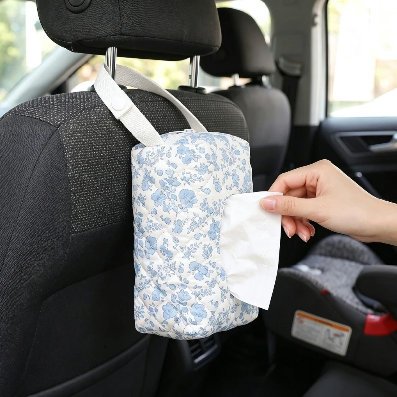 CORB Tissue Box Cover with Direct Top Opening, Side Zipper Closure, Quilted Exterior, and Snap-Fastened Loop for Handling