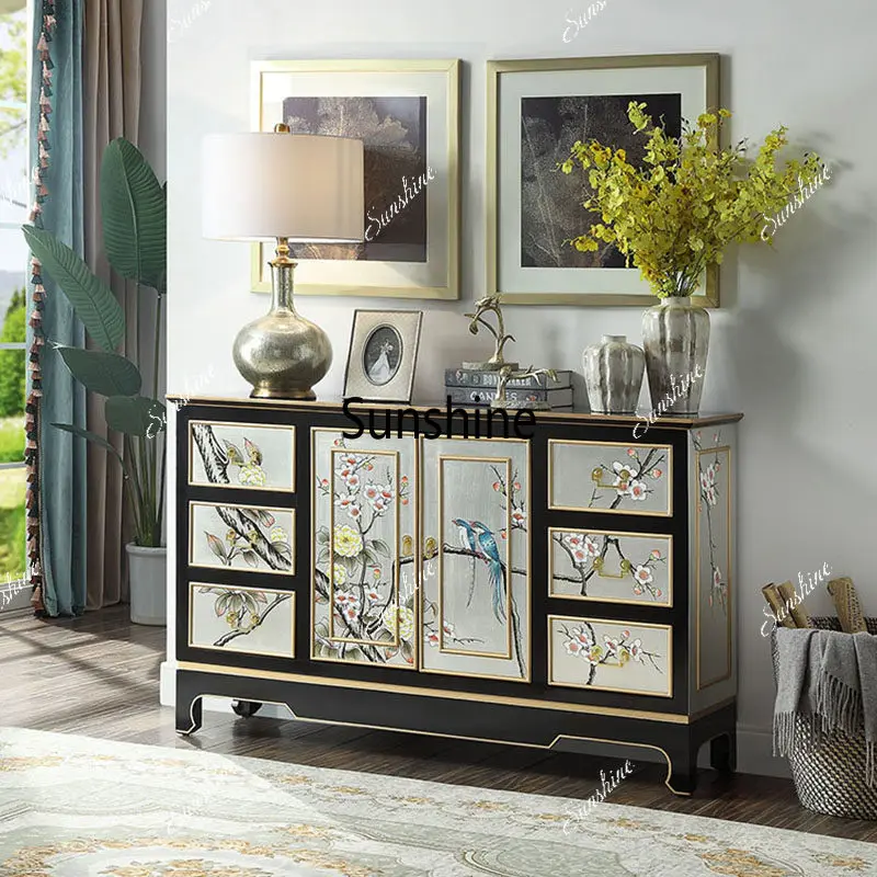 New Chinese-style entrance cabinet solid wood piano paint storage living room partition