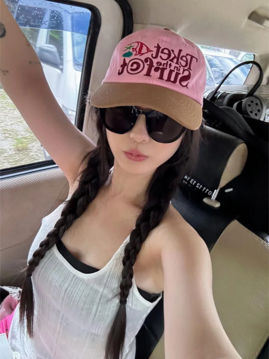 South korea Ins Celebri Sle Pink Patchwork Letter Embroidered Baseball Cap for Women Spring and Summer All-Matching Brim Hat