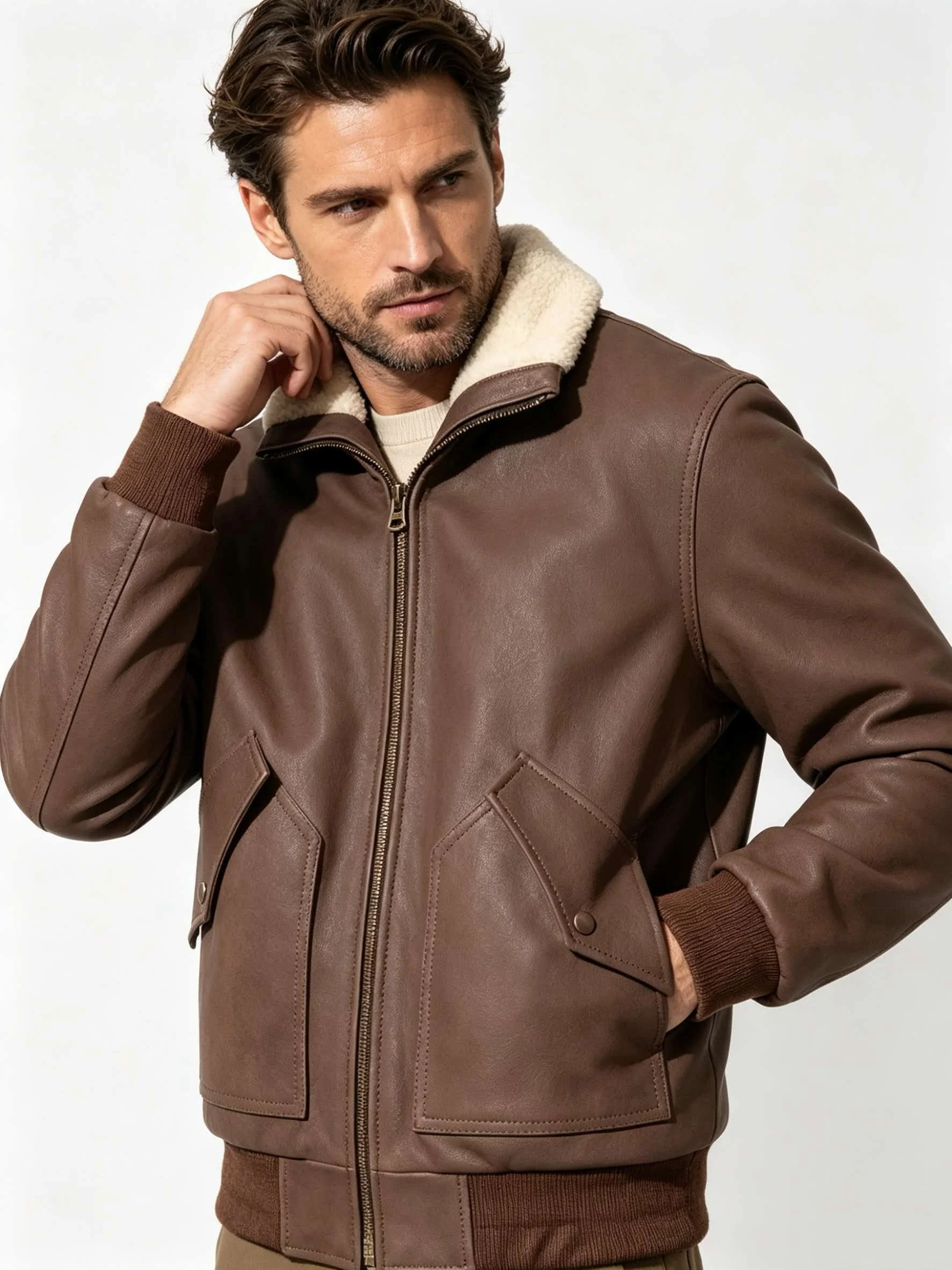 Taupe Brown Leather Flight Jacket | Full-Grain Cowhide + Cream Shearling Collar Minimalist Military Aviator Bomber Jacket