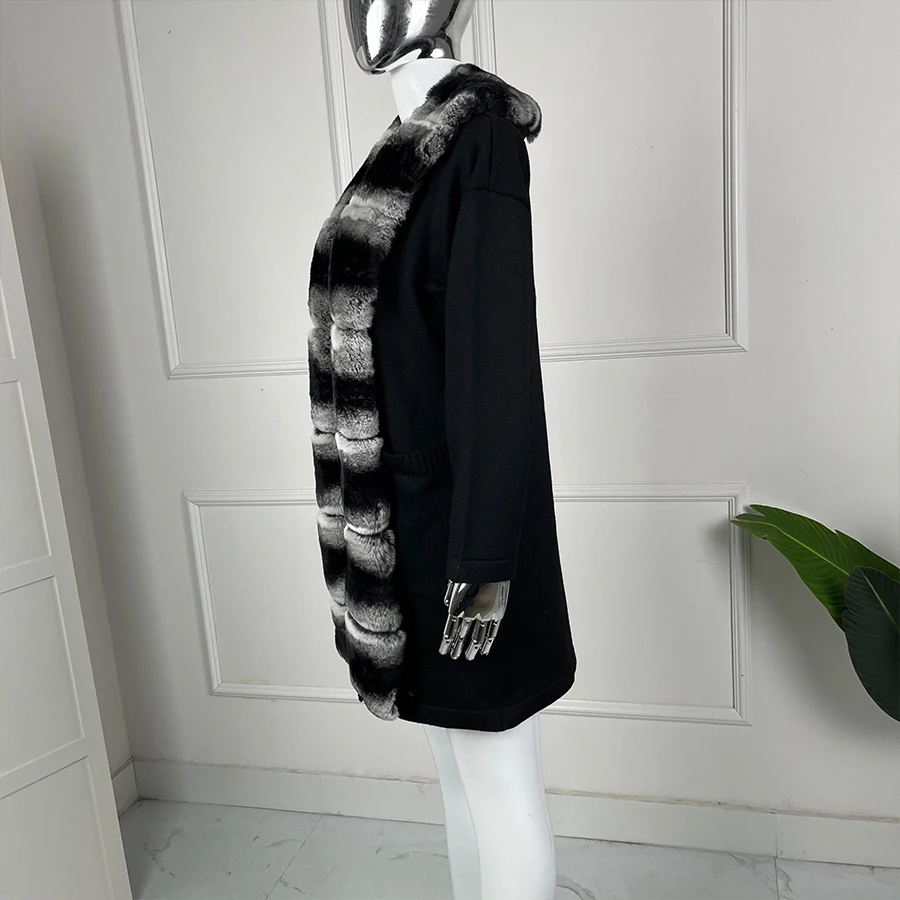 리얼 모피 트림이있는 롱 스타일 캐시미어 자켓 숙녀 천연 렉스 토끼 모피 자켓 패션 슬림 피트 따뜻한 롱 코트