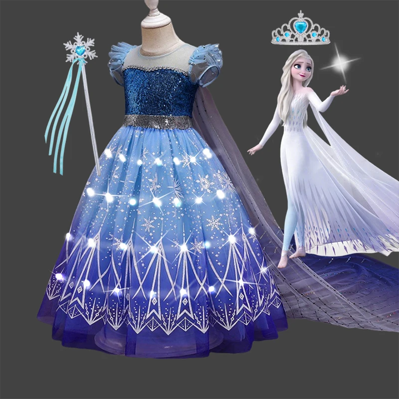 

Glowing Princess Elsa Carnival Disney Costume With Cape Sequined Bodice Mesh Dress Kids Girls Frozen Snow Queen Glow up Clothes