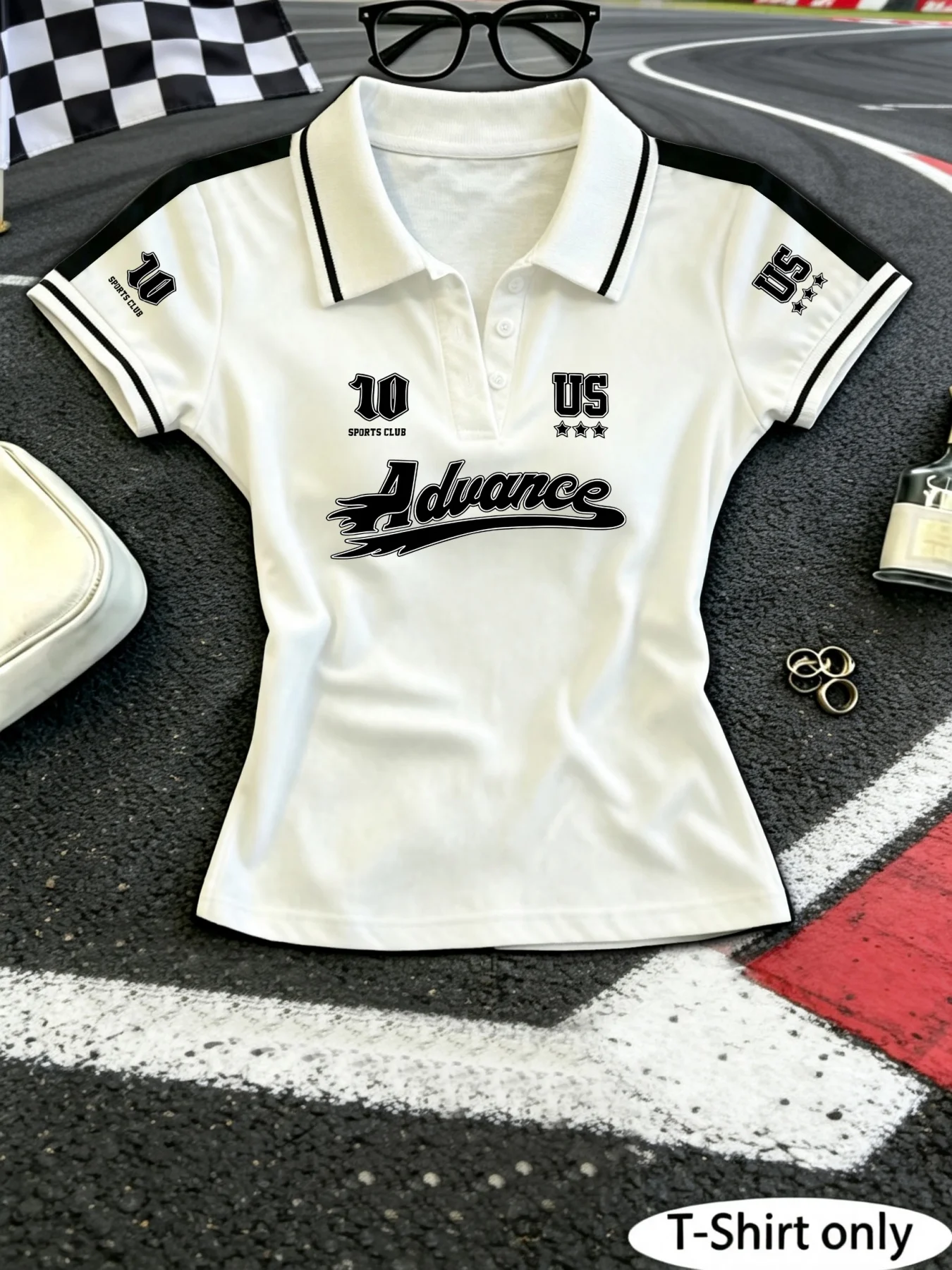 Women Y2K Cropped Polo Shirt, Advance US Star & Number 10 Multi‑Print Short Sleeve,Daily Street Sports Casual Wear