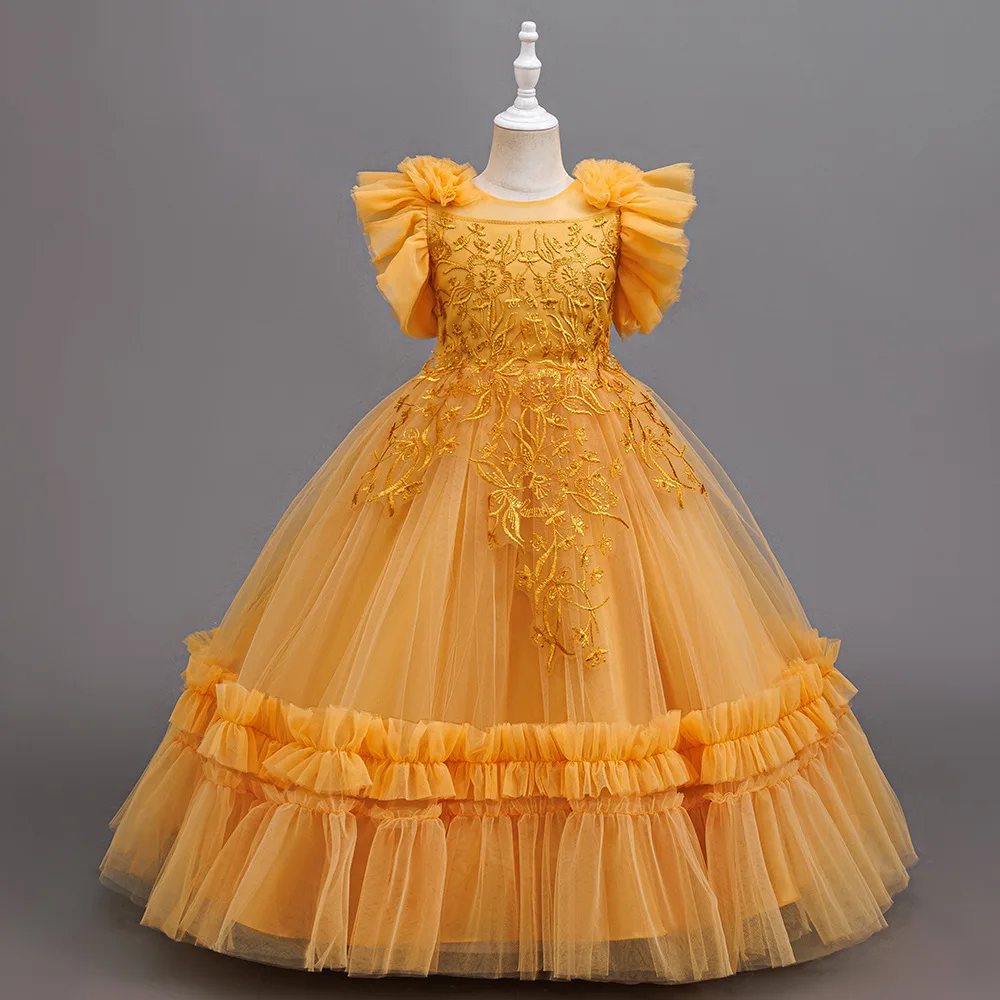 HETISO Long Children's Dress for Girls Batwing Sleeve Mesh Flower Kids Princess Wedding Elegant Ball Gown 5-14 Years