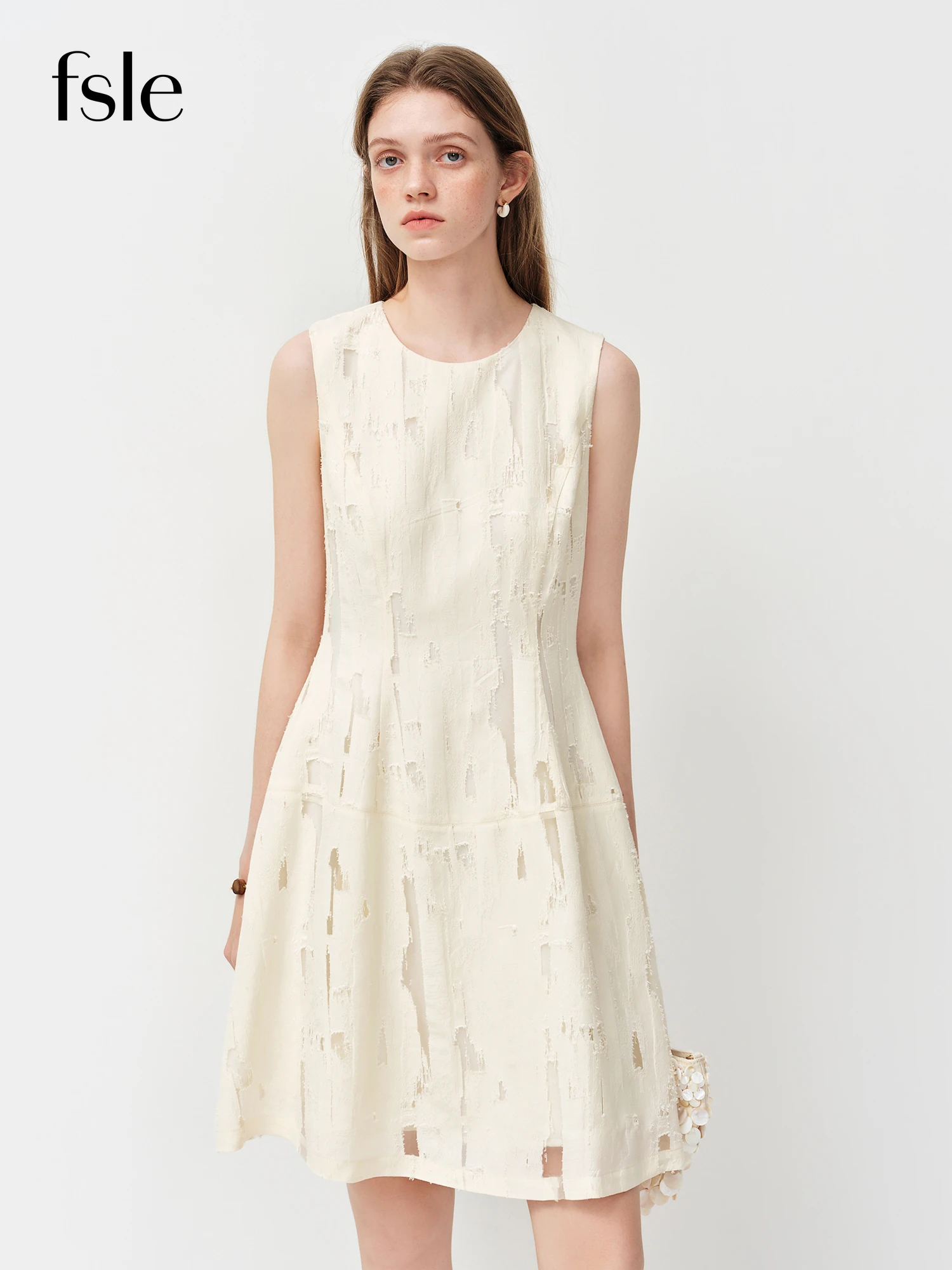 

FSLE 2026 Summer Women Sleeveless Crewneck A-Line Midi Dress Aesthetic Waist-Cinching Slim Dress for Soft Elegant Vacation Style