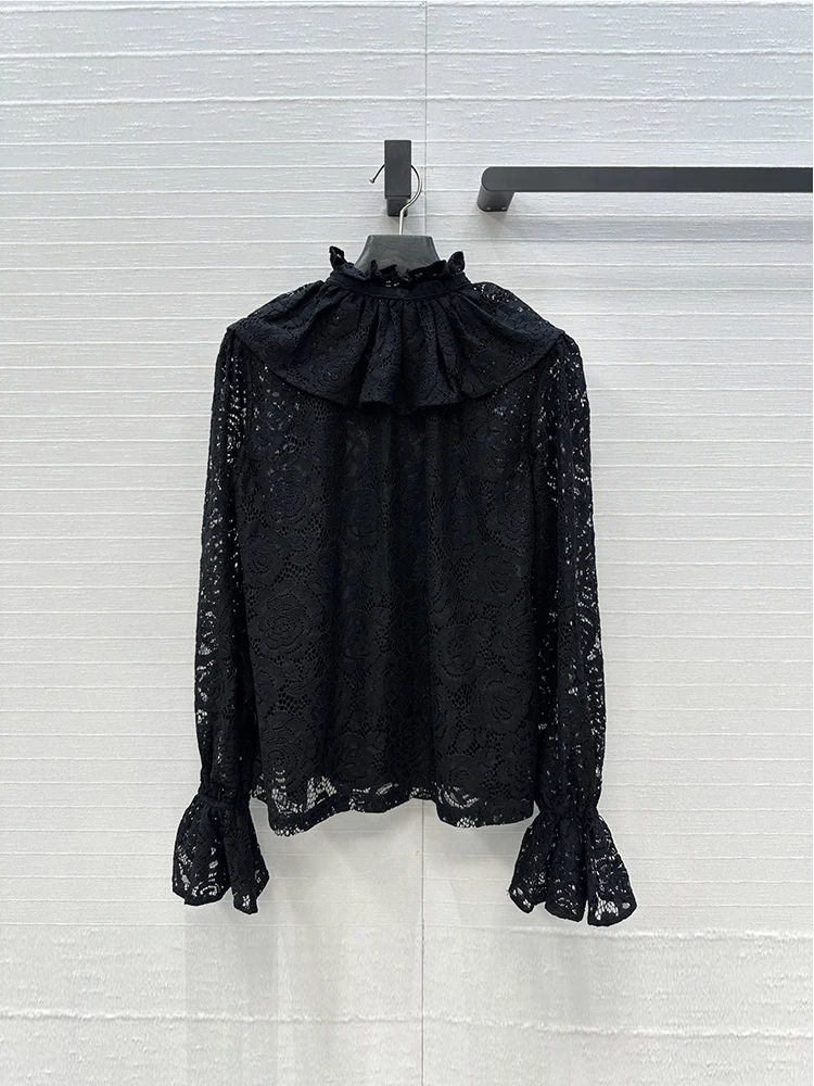 

Spenneooy Spring Summer Fashion Black Thin Style Blouses Women's Flounces Collar Loose Flounces Sleeve Floral Lace Shirt