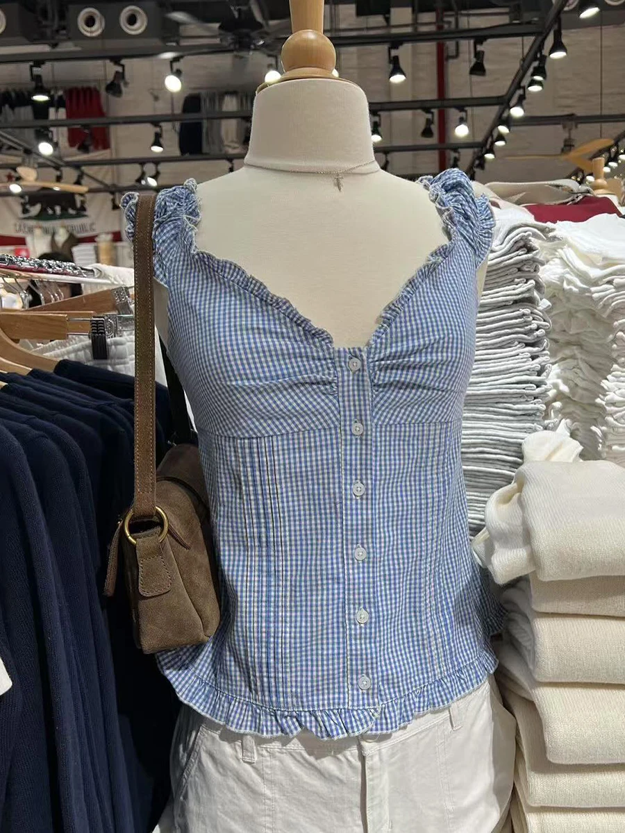 Blau Plaid Rüschen Dünnes T-shirt Bluse Frauen Sommer V-ausschnitt Falten Einreiher T-shirt Shorts Vintage Chic Süße Puff Sleeve Shirts