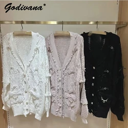 Giapponese nuovo autunno e inverno amore tessuto carino fiocco oversize lungo Cardigan lavorato a maglia ragazza dolce maglione cappotto giacca allentata