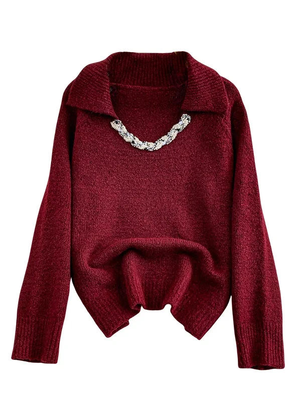 Chic Small Size Knitted V-Ne Top Women Loose Fit Winter Sweater Comfortable Breathable Casual Sle Long Sve Crew Ne