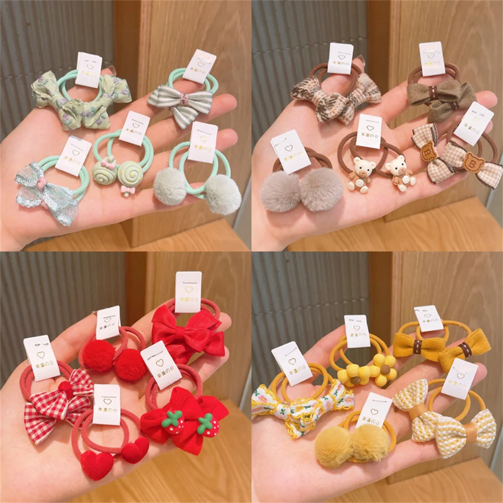 10pcs Cute Bowknot Heart Fur Ball Elastic Hair Bands Candy Color Girls Hair Rope Ponytail Holder Cartoon Accessories Headdress