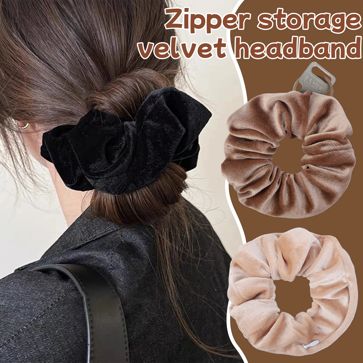 Hair Tie Velvet - 3-teiliges Retro-Samt-Haarband mit versteckter Reißverschlusstasche, Vintage-Haargummis