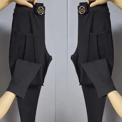 Autumn Casual Pocket Black High Waist Oversized Trousers Women's Vintage Solid Color Elastic Waist Harem Ladies Pants