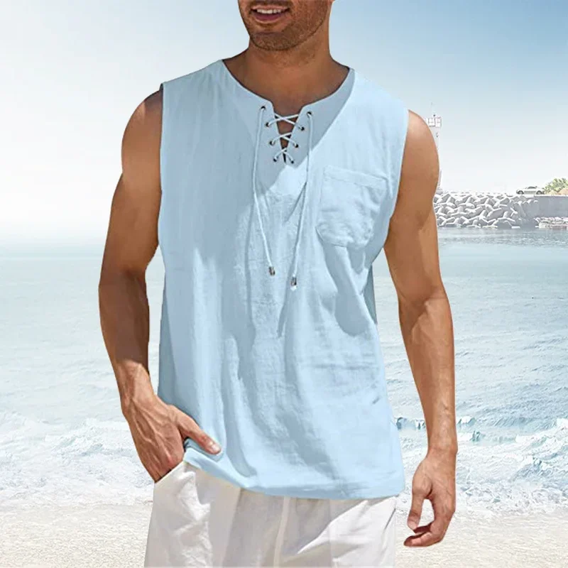 New Hot Selling Men\'s Tank Top Shirt Lace Up Fashion Solid Color Cotton Linen Short Sleeve T-Shirt