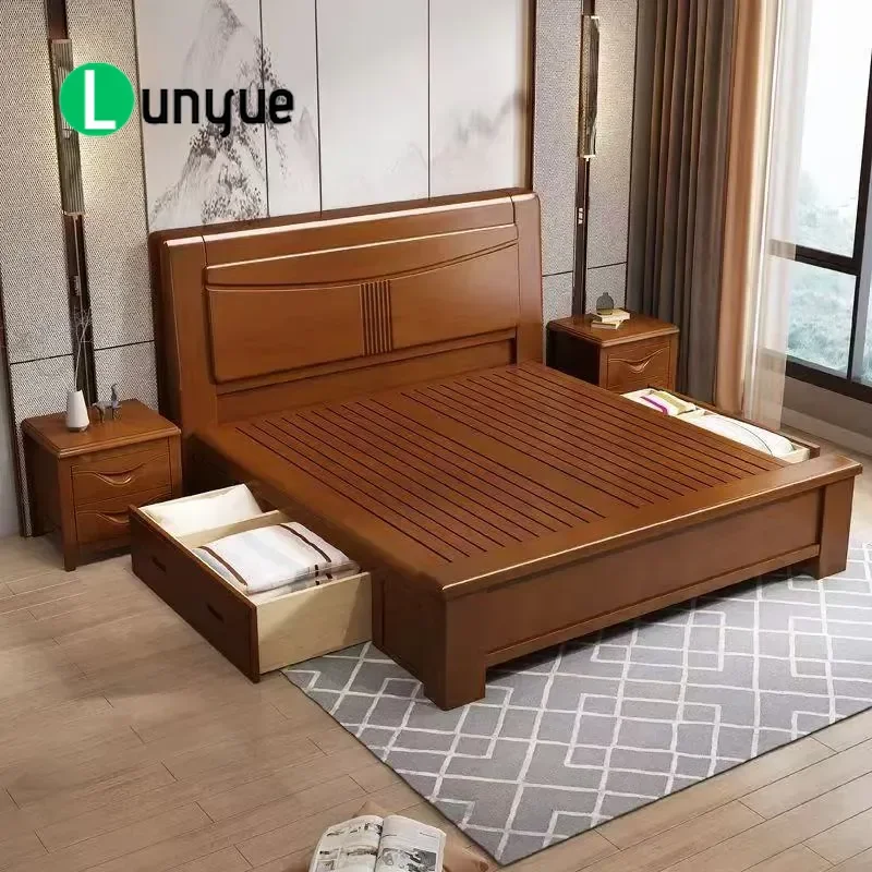 Modern Simple Solid Wood Bed 1.5m 1.8m 2m Double Master Bedroom Furniture White High Box Storage Bed Chinese Style