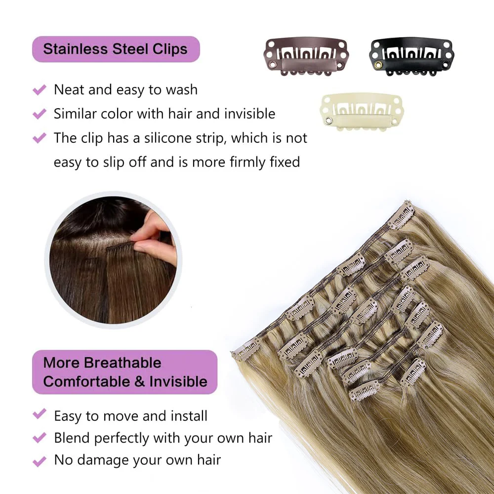 Extensiones de cabello humano con Clip para mujer, extensiones de cabello humano Invisible sin costuras, 100% cabello brasileño Real, 7 piezas, 120g