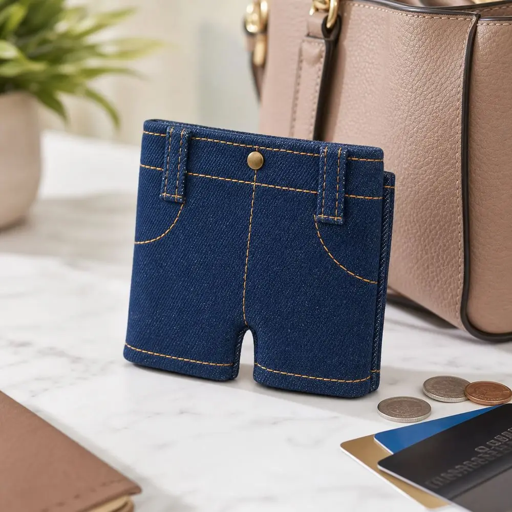 Durable Foldable Denim Shorts Wallet Denim Compact Jeans Shaped Wallet Snap Button Mini Coin Purse Coin Storage
