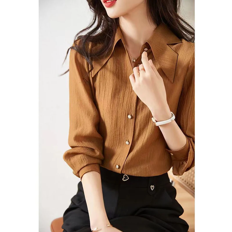 Women Korean Style Design Elegant Button Up Shirt Autumn Office Lady Business Casual Blouse Long Sleeve Loose Tops Solid Blusas