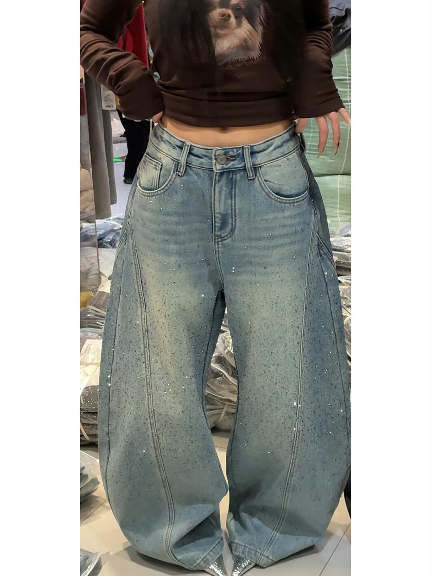 

American Large Size Retro Star Bright Diamond Wide Leg Jeans Autumn Winter Loose Shape Fashion Drag Knife Pants Street Style
