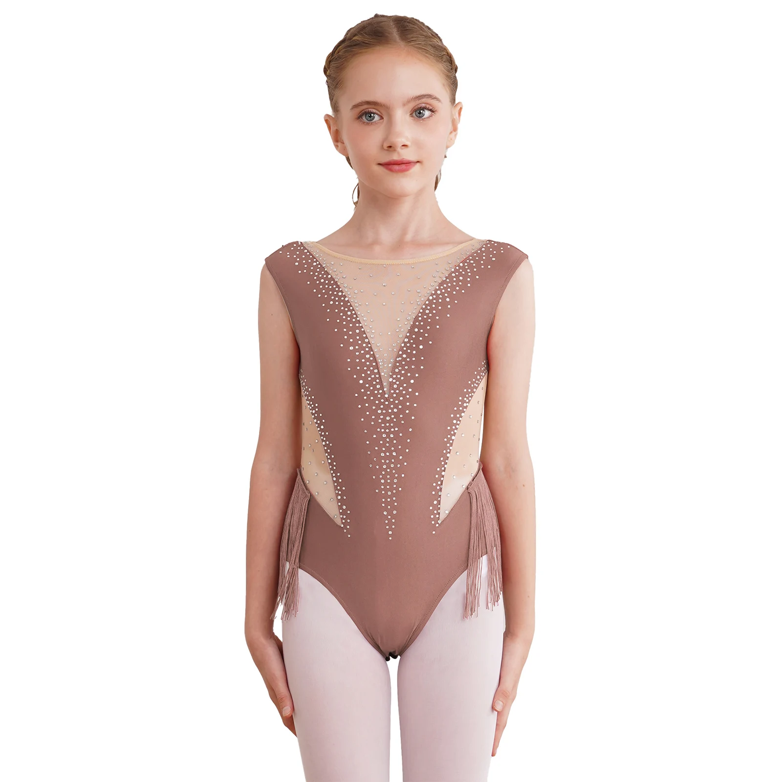 Kids Girls Tassel Latin Dance Gymnastics Bodysuit Figure Skating Wear Children's Fringed Leotard Sheer Mesh Jumpsuits Costume