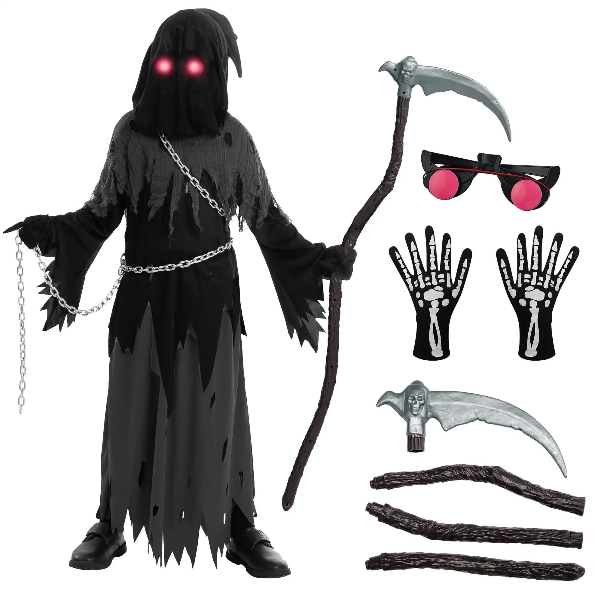 زي Joyfy Child ذو عيون متوهجة Grim Reaper، زي فانتوم للأطفال في الهالوين فستان فاخر من 5 إلى 12 سنة