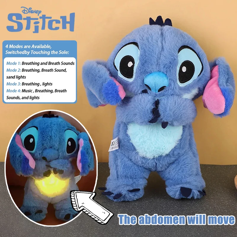 Muñeco de peluche de Stitch de Disney, juguete calmante con bolsa de aire, juguetes de respiración, compañero para dormir de bebé de dibujos animados, regalos musicales relajantes con sonido