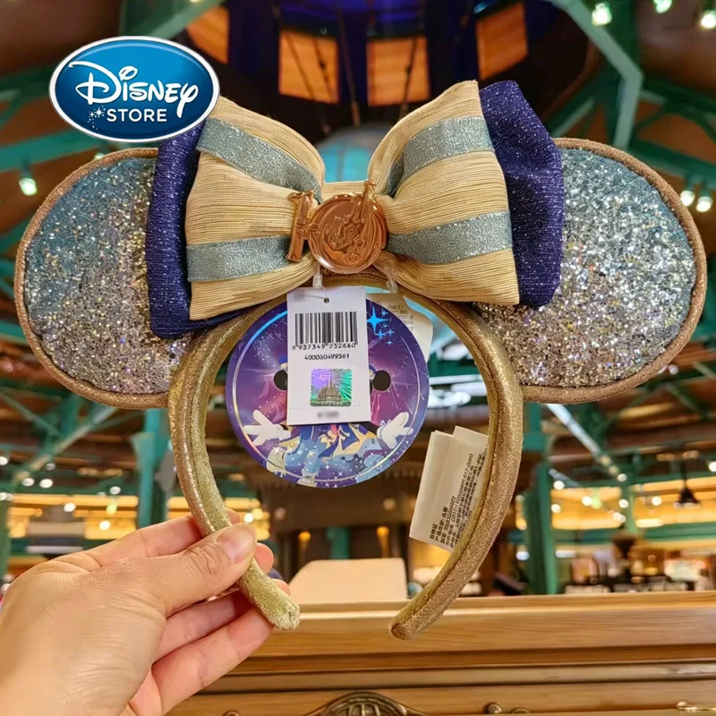 bandeau-disney-minnie-mouse-avec-nœud-raye-bleu-et-or-accessoire-de-tete-scintillant-pour-femmes-shanghai-disneyland-bandeau-du-10e-anniversaire