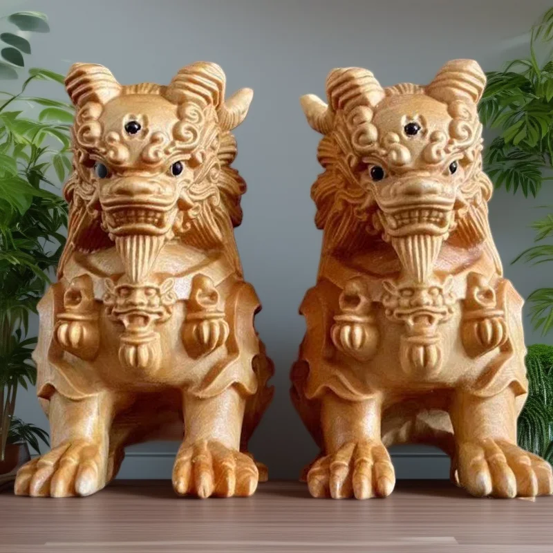 Wood Carving Three-eyed Kirin God Beast Statue Chinese Mythical Animals Home Room Office Features Feng Shui Decorative Statue