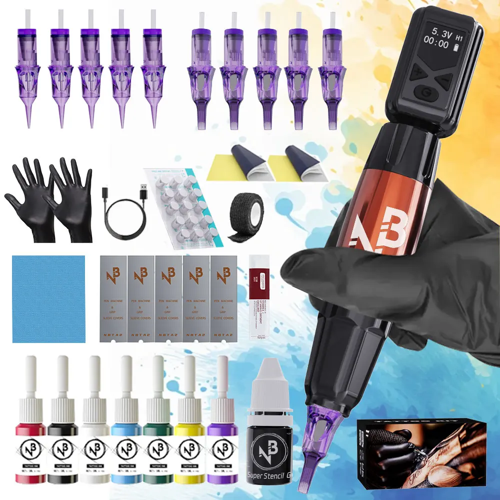 

Полный набор для татуировки, беспроводной набор тату-машинки, набор тату-пистолетов с источником питания для татуировки 1100 мАч, 10 игл для татуировки и 7 бутылок чернил для татуировки и других аксессуаров для татуировки, полный набор для тату-мастеров, 
