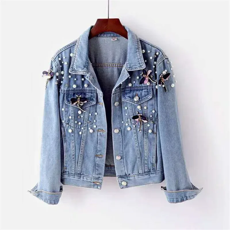 

2024 Autumn Denim Jacket Coat Women Beading Loose Overcoat Jeans Jacket Basic Coats Streetwear Long Sleeve Casual Outerwear A428